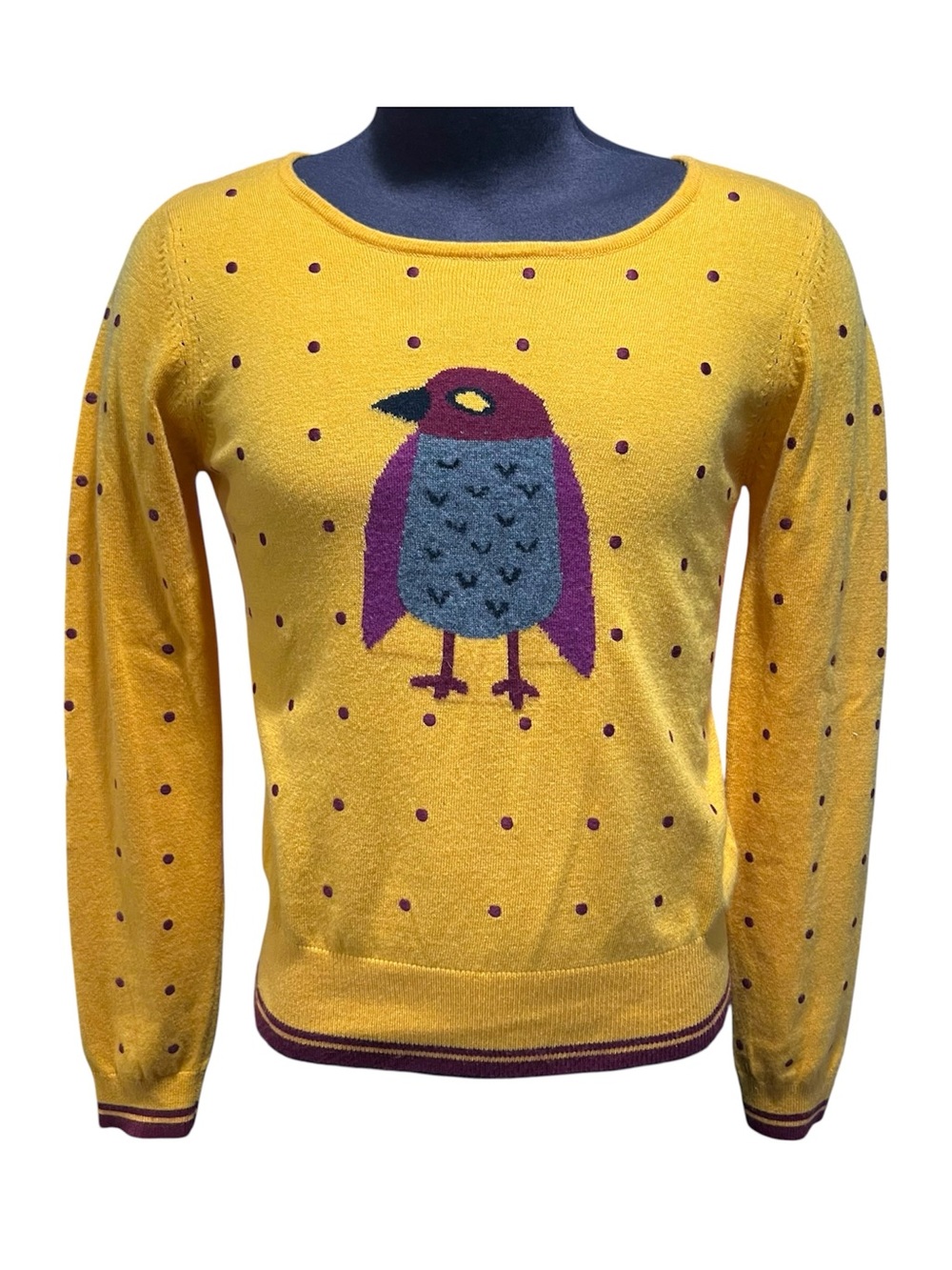 Women’s Yumi knit sweater polka dot pullover bird size medium